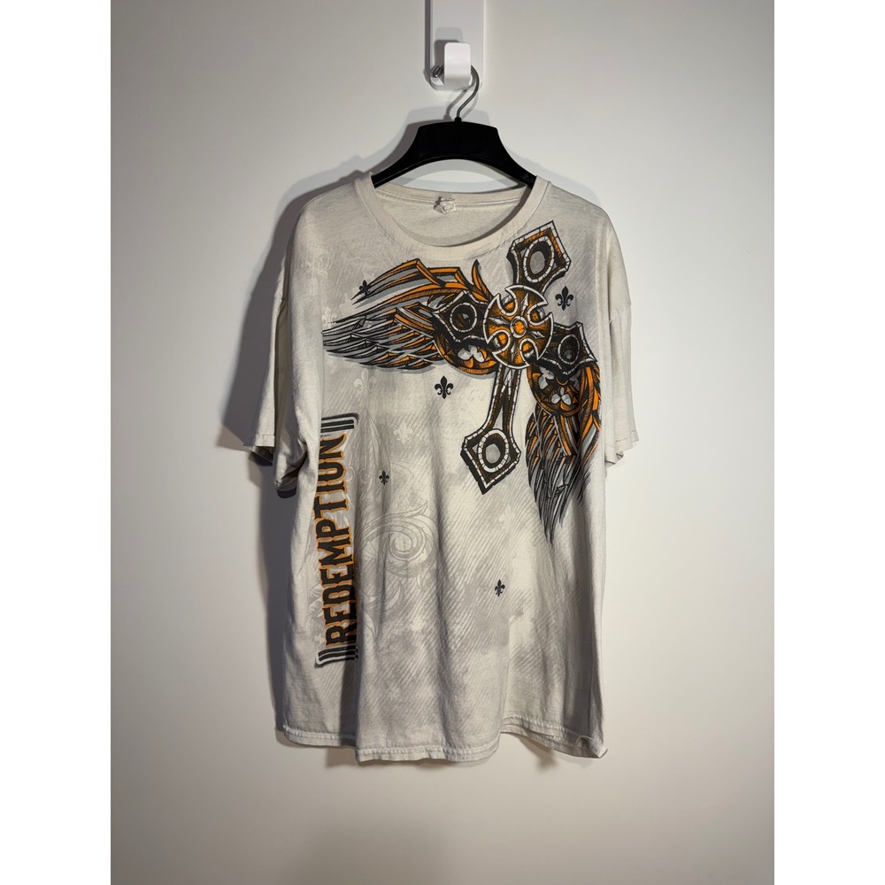 Vintage Gildan Redemption Winged‎ Cross Graphic T-Shirt XL White Y2K Distressed